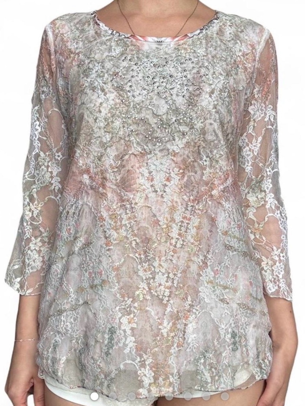 white and pink y2k lace top embellished with bell sleeves (Keren Hart)